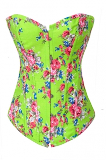 Spring-Time Lime Green Overbust Denim Corset With Retro Rose Flower Pattern, Front Busk