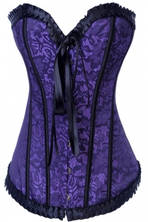 Indigo Victorian Corset With Floral Lace Print and Black Ruched Ribbon Trim and Strips, Front Busk