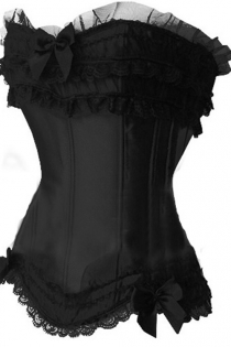 Confection Black Satin Corset With Generous Ruched Lace and Tulle Trim With Bows