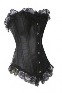 Black Victorian Corset Set With Matching Thong and Generous Lace Ruffle at Trim, Front Busk