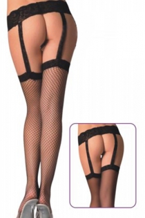 Black Fishnet Thigh-High Stockings With Attached Lacy Garter Belt and Stays