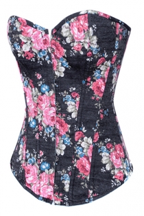 Spring-Time Black Overbust Denim Corset With Retro Rose Flower Pattern, Front Busk