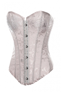 White Satin Corset With Swirling Brocade Pattern and Trim, Front Busk