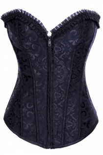Black 12 Steel Boned Waist Training Corset With Brocade Pattern and Bust Ruched Trim, Steel Boned, Front Zipper