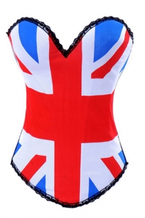 	British Flag Printed Corset with Black Trims and Hook and Eye Back Closure