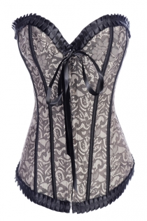 Grey Victorian Corset With Floral Lace Print and Black Ruched Ribbon Trim and Strips, Front Busk