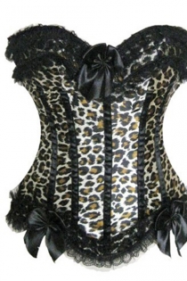 Classic Leopard Print Satin Corset With Black Lace Ruffle Trim, Vertical Strips and Bows