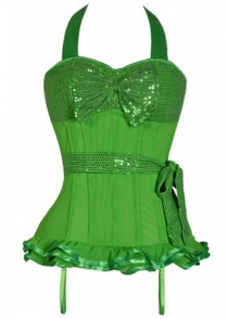Green Corset With Sequin Bust and Waist Tie and Ruffle Trim