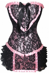 Pink Sateen Skirted Corset With Black Net Overlay and Front Fasten Busk