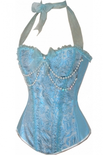 Palest Blue Inset Pattern Corset With Ribbon Tie Neck and Pearl Chain Feature