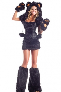 Black Bear Costume With Fur Hood, Mini Dress, Bear Paw Gloves, and Fur Boot Covers