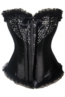 Black Sateen Strapless Corset With Diamante Sprinkle and Ribbon Bow