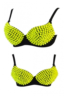 Black Underwire Bra With Luminous Yellow Spike Studded Cups