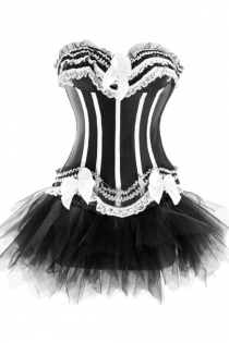 Black Sateen Strapless Corset Dress With White Frill Detailing and Tutu Net Mini Skirt