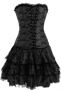 Black Strapless Corset Dress With Net Overlay and Trio Tiered Skirt