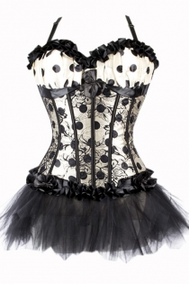 White Spotty Corset Dress With Gather Trim, Black Net Overlay and Tutu Net Mini Skirt