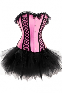 Bubble Gum Pink Sateen Strapless Corset Dress With Black Detailing and Tutu Net Mini Skirt