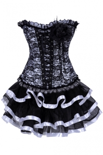 Black and White Net Overlay Mini Corset Dress With Large Corsage Detail