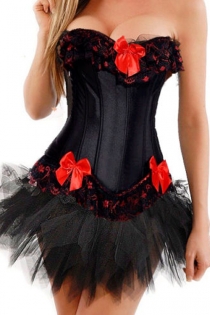 Black Strapless Corset Dress With Red Trim and Bow Detailing and Tutu Net Mini Skirt