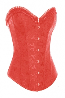 Red Steel Boned Overbust Corset With Floral Jacquard Print and Satin Ruffled Trim