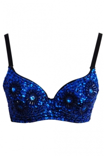 Blue Sequin Bra With Beaded Flower, Blue Gemstones, Black Trim and Black Straps