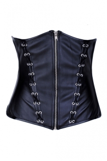 Black Underbust Corset With Leather Criss-cross Vertical Line Detailing Front