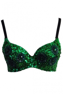 Green Sequin Bra With Beaded Flower, Green Gemstones, Black Trim and Black Straps