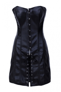 Black Overbust Corset Dress With Leather Style Design and Lace Up Front and Back