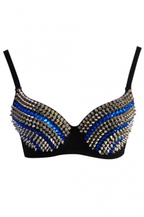 Black Underwire Bra With Silver Spike Accents, Blue Bead Detailing and Black Straps