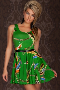 Green Sleeveless Mini Club Dress With Chain and Feather Print, Ruffled Skirt, and Black Belt