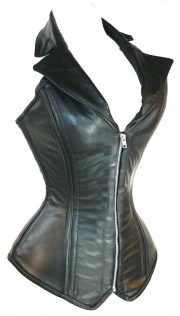 Black Leather Halter-style Corset With Zipper Front, Lace-up Back, Buckle Neck Strap, and Notch Lapel