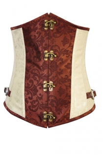 Cream and Brown Underbust Corset With Floral Print, Buckle Accents, Latch Hook Front, and Laced Back