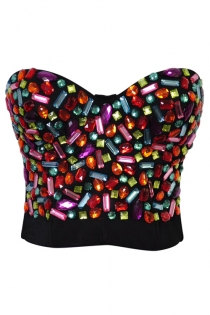 Black Strapless Corset-style Bra With Multi-color Gemstone, Teardrop and Oblong Shapes