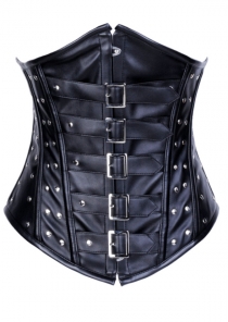 Black Leather Underbust Corset With Hook Closures, Front Buckle Detail, Stud Trim, and Lace-up Back