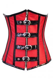 Steampunk Red Steel Boned Underbust Corset With PVC Buckles Front and Trim Detail