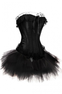Strapless Black Corset Dress With Stand Up Lace Trim and Tutu Net Mini Skirt