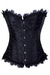Black Brocade Corset With Structured Paneling, Black Metal Clasps and Black Lace Neck