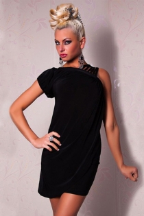 Black Loose-fitting Tunic Mini Club Dress With Multi-string Shoulder Straps