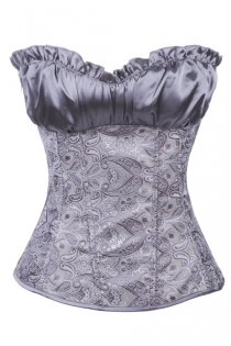 Grey Boned Corset With Ruffled Satin Bust, Paisley Print Bodice, and Grey Satin Ribbon Lace-up Back