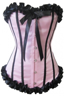 Powder Pink Victorian Satin Corset With Black Ruched Ribbon Trim, Strips and Bow, Front Busk
