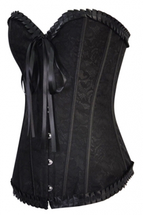Black Satin Floral Brocade Structured Corset Wih Metal Busl Front Closure and Satin Ribbons Back Lace Up