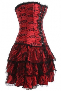 Red Strapless Corset Dress With Net Overlay and Trio Tiered Skirt