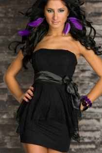 Gorgeous Dark Silky Partly Overlaid By Floral Sheer Fabric With Shiny Smooth Ribbony Side Belt