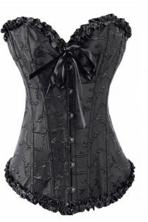 Black Satin Corset With Floral Brocade Pattern, Ruched Ribbon Trim and Bow, Front Busk