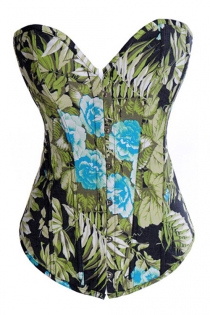 Black Corset With Green-Hued Leaves and Blue Flower Pattern, Front Busk