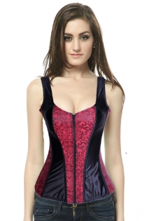 Black Satin Corset With Red Floral Panels, Shoulder Straps, Zip Up Front, and Satin Lace-up Back Closure
