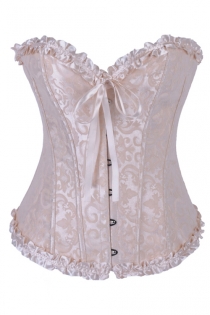 Elegant Pale Pink Brocade Strapless Corset With Delicate Ribbon Trim and Zip Front