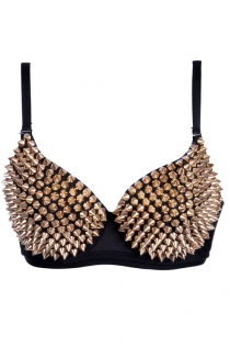 Pleasantly Fierce Golden Button Metal Pieces Cup on a Smooth Black Bra Piece