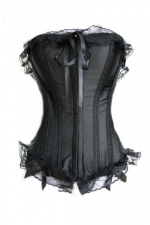 Black Satin Overbust Corset With Hook Closures, Lace-up Back, and Black Lace Trim