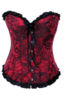 Magnificent Red Bodice Finely Decorated With Faded Black Rose Prints and Smooth Ruffled Edges Sequence